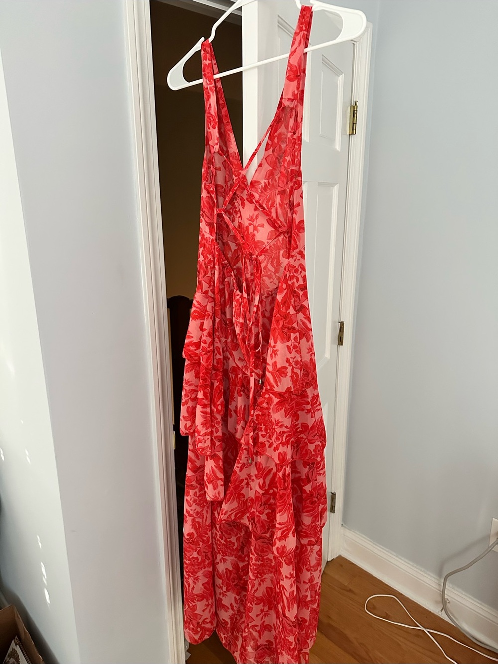 Coral Pink Floral V-Neck Tiered Maxi Dress - Picture 3 of 4